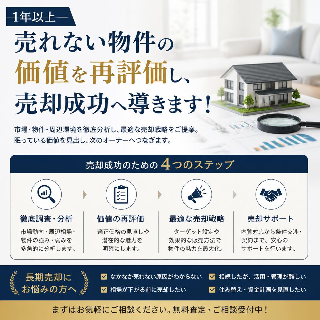 1年以上売れない物件の価値を再評価し、売却成功へ導きます！